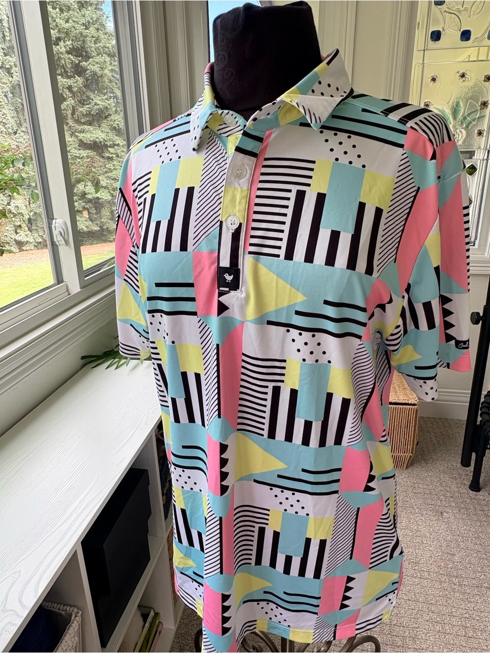 Bad Birdie Pastel Geo Print Polo in Pink, Mint, Yellow, Black & White